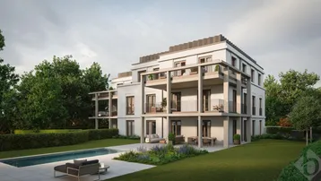 Moderne Wohnanlage mit großzügigen Terrassen, einem Pool und gepflegter Gartenlandschaft.