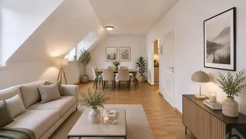 Heller Wohn- und Essbereich in einer Dachgeschosswohnung mit schrägen Decken und Holzfußboden.