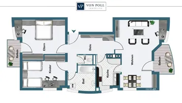 Grundriss einer Wohnung mit mehreren Zimmern, Küche, Bad und zwei Balkonen.