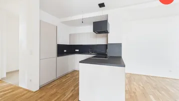 Moderne Einbauküche mit Kücheninsel, dunklen Arbeitsplatten und Holzboden in offenem Design.