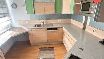 Moderne Küche mit hellen Holzschränken, grünen Akzenten, Induktionskochfeld und integriertem Geschirrspüler.