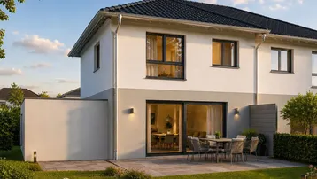 Moderne Doppelhaushälfte mit gepflegtem Garten und einer möblierten Terrasse für entspannte Stunden im Freien.