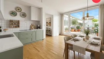 Offener Wohn-Essbereich mit moderner Küche, Holzboden und Zugang zur Terrasse.