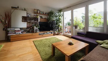 Helles Wohnzimmer mit Holzboden, vielen Pflanzen und Zugang zu einem Außenbereich.