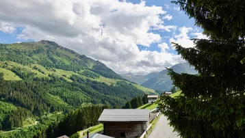 Berglandschaft mit bewaldeten Hängen, einem Tal und vereinzelten Häusern unter blauem Himmel.
