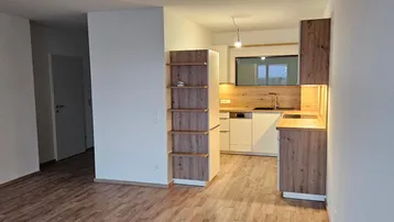 Moderne offene Küche mit Holzfronten und Laminatboden, integriert in den Wohnbereich.