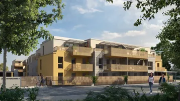 Rendering eines modernen Mehrfamilienhauses mit Balkonen und Terrassen in grüner Umgebung.