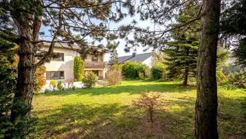 Blick auf das Haus durch die Bäume im weitläufigen, grünen Gartenbereich an einem sonnigen Tag.
