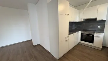 Moderne Einbauküche mit weißen Schränken, integriertem Backofen und dunkler Arbeitsplatte.