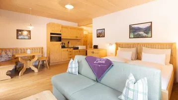 Helles, holzvertäfeltes Studio-Apartment mit integrierter Küchenzeile, Essbereich und Schlafbereich.