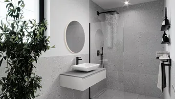 Modernes Badezimmer mit begehbarer Dusche, schwebendem Waschtisch und großem Fenster für natürliches Licht.
