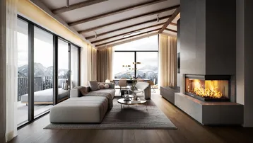Geräumiges Wohnzimmer mit Kamin, hohen Decken und großen Fenstern mit Bergblick.