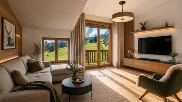 Gemütliches Wohnzimmer mit Holzakzenten, modernem Sofa und Balkonzugang mit Bergblick.