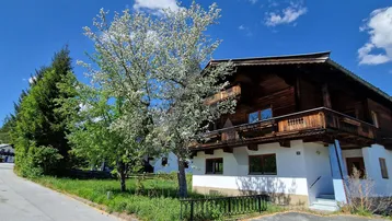 Traditionelles Holzhaus mit weißem Sockel und blühendem Baum an einer ruhigen Straße.