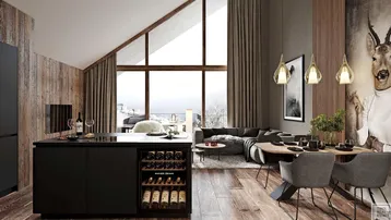 Offener Wohn- und Essbereich mit integrierter Kücheninsel, Holzboden und großzügigen Fenstern mit Bergblick.