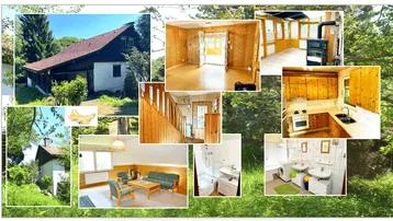 Eine Collage verschiedener Innen- und Außenansichten des Hauses mit rustikalem Holzdesign.
