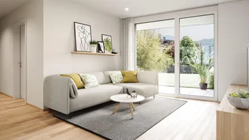 Helles Wohnzimmer mit modernem Sofa, Holzboden und großem Fenster zum Garten.