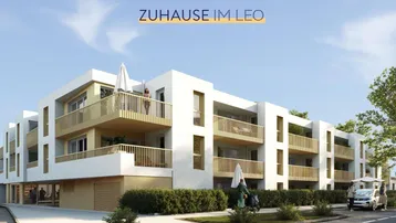 Moderne Wohnanlage mit Balkonen und gepflegter Außenanlage an einer Straße.