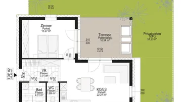 Grundriss einer Wohnung mit offenem Wohn-Essbereich, Schlafzimmer, Bad, separatem WC, Terrasse und privatem Garten.