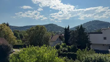 Malerischer Blick auf grüne Hügel und bewaldete Landschaft unter blauem Himmel.