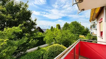 Blick vom Balkon auf grüne Bäume und die umliegende Wohngegend unter blauem Himmel.