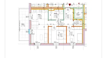Grundriss einer Wohnung mit offenem Wohnbereich, zwei Schlafzimmern, einem Badezimmer und einem Balkon.