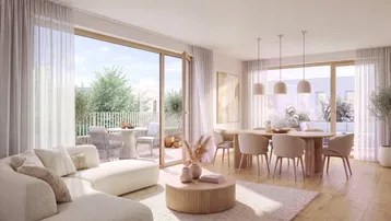 Helles, offenes Wohn-Esszimmer mit Holzboden, Zugang zur Terrasse und moderner Einrichtung.