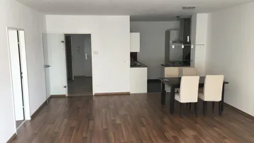 Offener Wohn-Essbereich mit integrierter Küchenzeile und durchgehendem Holzboden.