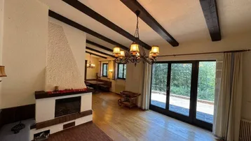 Gemütliches Wohnzimmer mit Holzbalkendecke, Kamin und Zugang zur Außenterrasse.