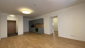 Heller Wohnbereich mit integrierter Küchenzeile und Parkettboden in einem Neubau.
