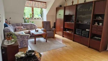 Gemütliches Wohnzimmer mit bequemer Couch, Holzmöbeln und Blick ins Grüne durch das Fenster.