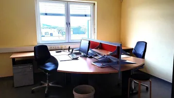 Geräumiges Büro mit großem Schreibtisch, Bürostühlen und Blick ins Grüne durch das Fenster.
