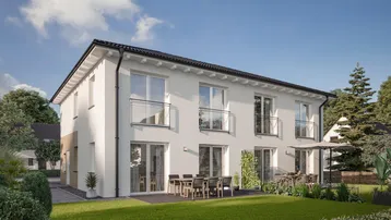 Moderne Doppelhaushälfte mit großem Garten, Terrasse und französischen Balkonen unter blauem Himmel.