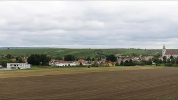 Panoramablick über weite Felder, ein Dorf mit Kirche und entfernte Weinberge unter bewölktem Himmel.