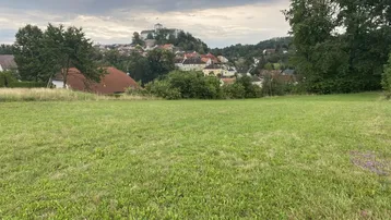Grüne Wiese mit weitem Blick auf eine historische Stadt und eine majestätische Burg auf einem Hügel.