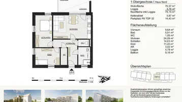 Detaillierter Grundriss der Wohnung TOP 8 mit Wohnbereich, Schlafzimmern, Bad und Zugang zu Loggia und Terrasse.