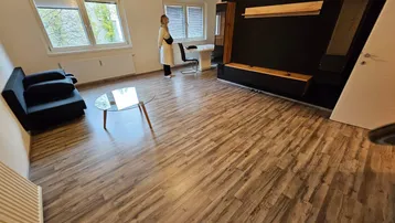 Helles Wohnzimmer mit modernem Laminatboden, schwarzer Akzentwand und großen Fenstern.