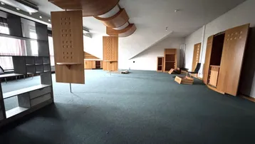 Geräumiger Büroraum mit grünem Teppichboden, Dachschrägen und Holzmöbeln, bereit zur Neugestaltung.