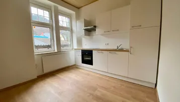 Moderne Einbauküche mit weißen Schränken, Holzdecke und Blick ins Grüne durch große Fenster.