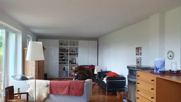 Geräumiges Wohnzimmer mit Holzboden, Kaminofen und großen Fenstern für viel Tageslicht.
