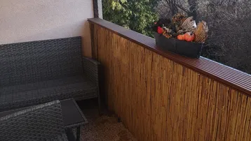 Gemütlicher Balkon mit Rattanmöbeln und Blick ins Grüne, ideal zum Entspannen im Freien.