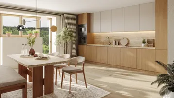Moderne Wohnküche mit Holzelementen, integrierten Geräten und Essbereich mit Blick ins Grüne.