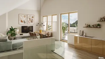 Heller, offener Wohn-Essbereich mit integrierter Küchenzeile und Zugang zur Dachterrasse mit Bergblick.
