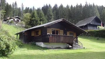 Rustikales Holzchalet auf einem grünen Hang mit Wald im Hintergrund, umgeben von Natur.