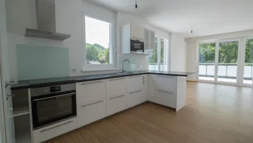 Moderne Einbauküche mit weißen Schränken, dunkler Arbeitsplatte und Blick ins Grüne.