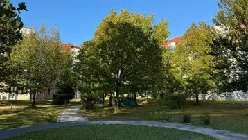 Grüne Außenanlage mit Bäumen und Wohngebäuden im Hintergrund unter blauem Himmel.