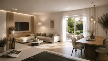 Helles, offenes Wohn- und Esszimmer mit Zugang zur Terrasse und Blick in den grünen Garten.