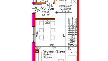 Grundriss des Erdgeschosses mit offenem Wohn-Essbereich, Küche und separatem WC.