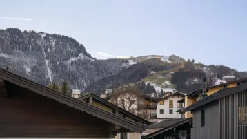 Malerische Berglandschaft mit schneebedeckten Gipfeln und bewaldeten Hängen, umgeben von traditionellen Häusern.
