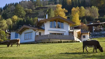 Traditionelles Alpenhaus mit weißer Fassade und Holzelementen, umgeben von grünen Wiesen und Bergen.